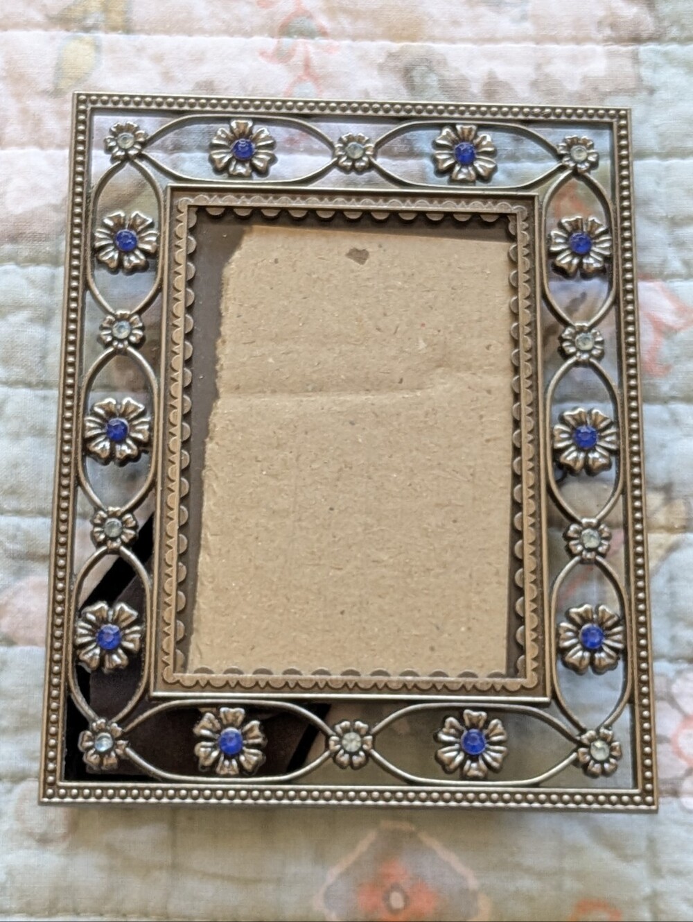 Decorative Silver Tone Floral Picture Frame with Blue Accents 2x3 Metal